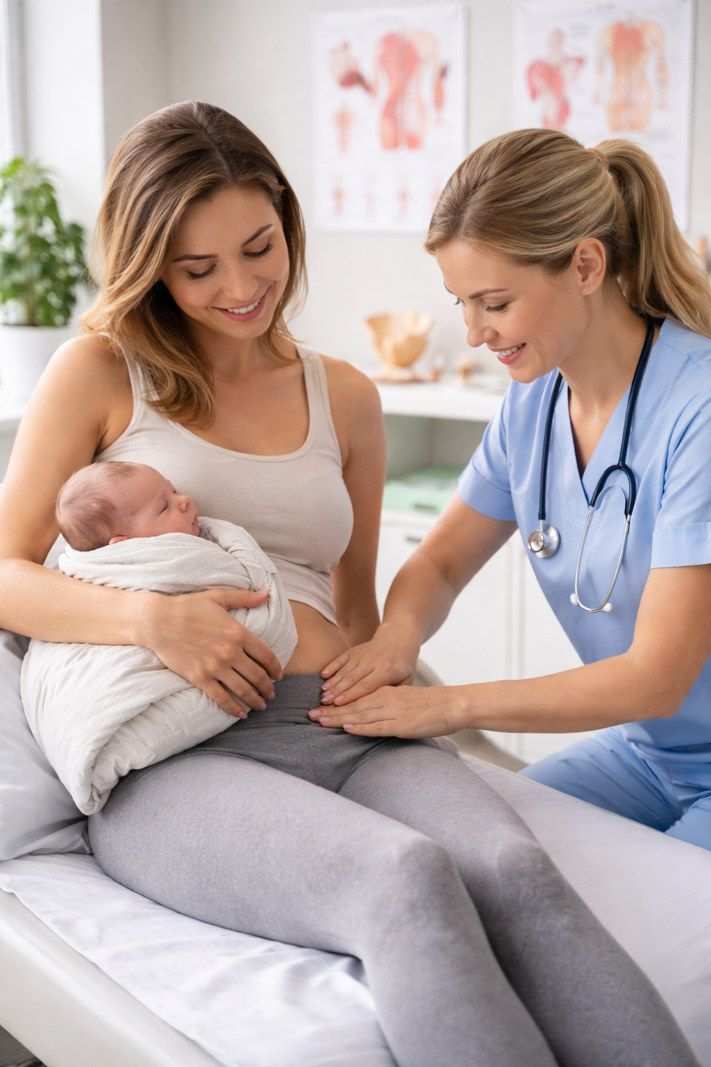 Postnatal physiotherapy check-up including abdominal and pelvic floor assessment